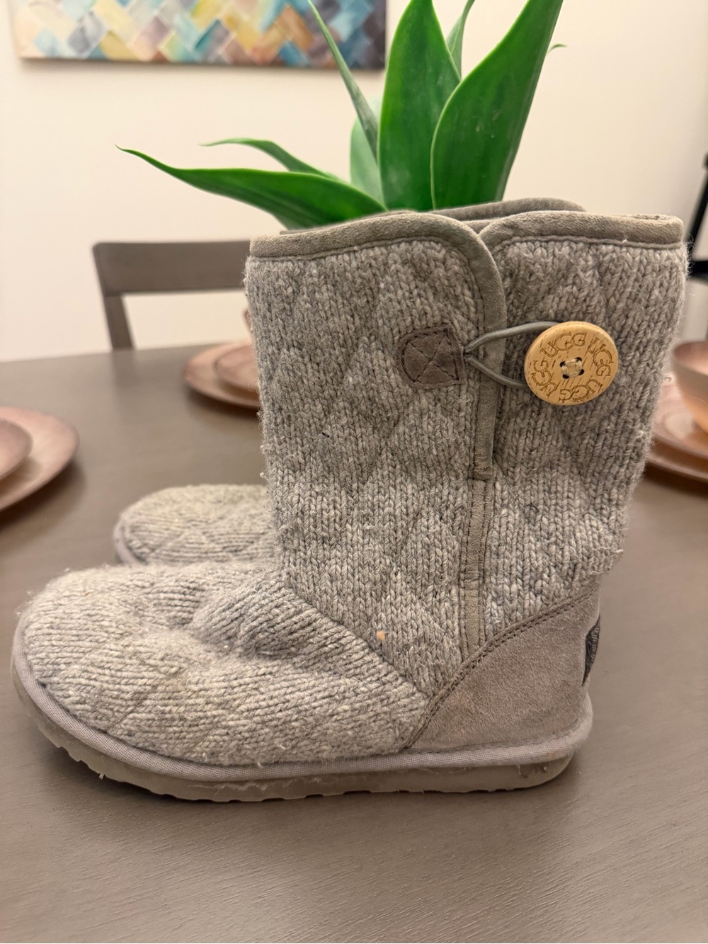 UGG Gray Knit Button Kids Boots